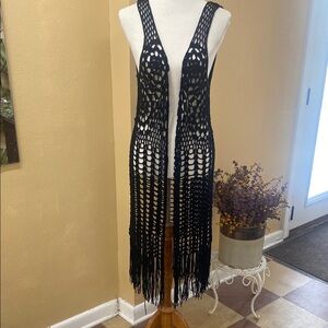 Umgee Black Crochet Fringe Vest